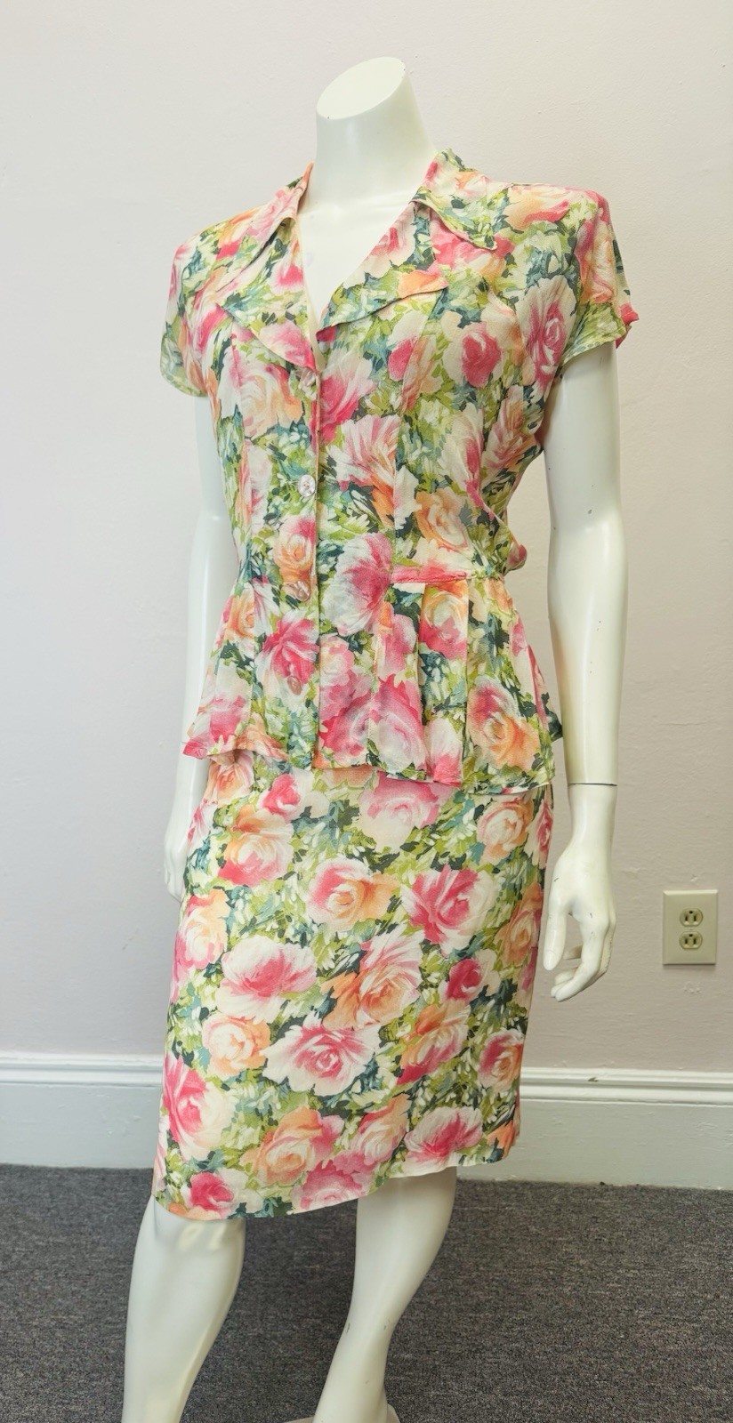 VTG Multicolor floral peplum Skirt & Top Set Nanny wedding designer alexander M