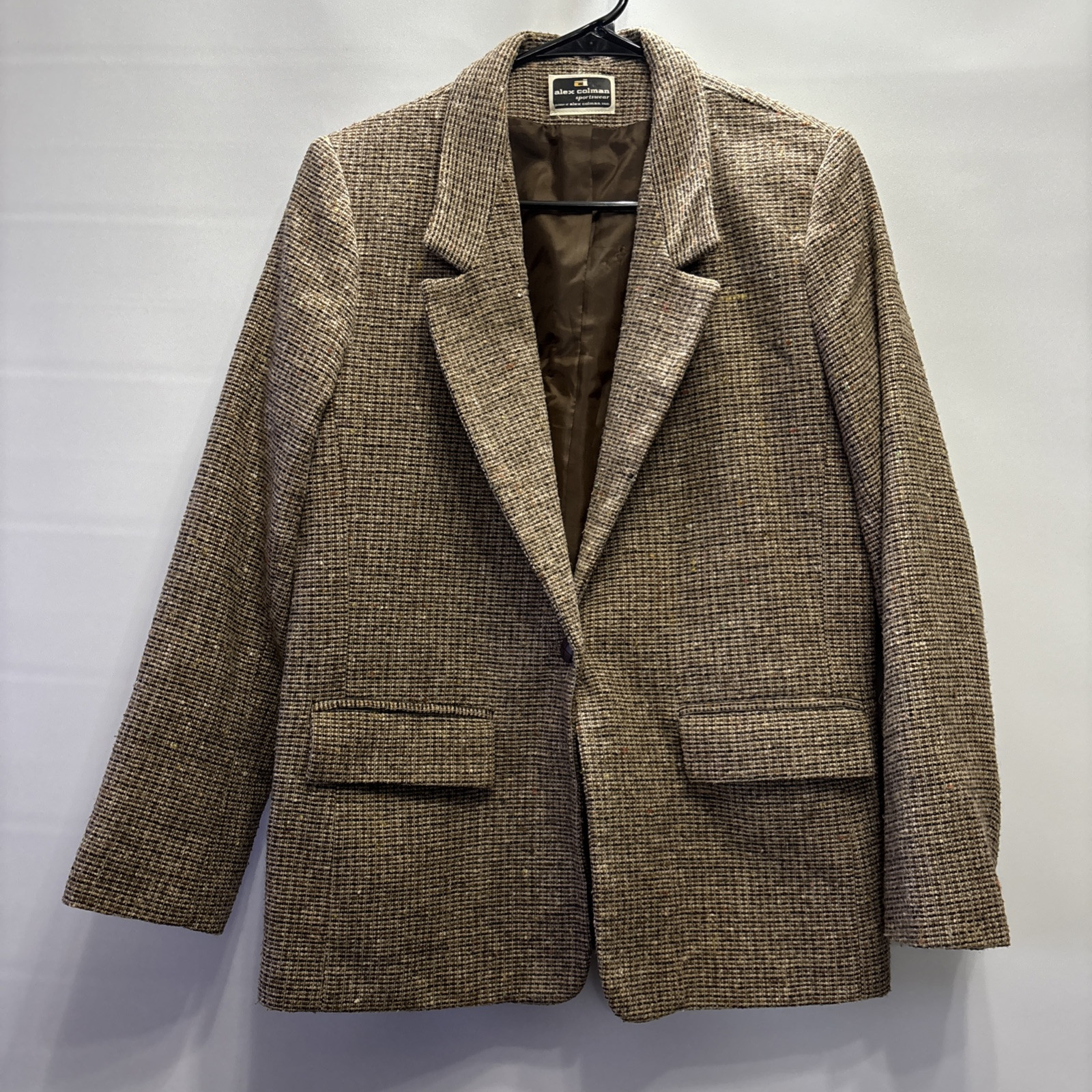 VTG Alex Colman Brown Blue Plaid Houndstooth Poly Wool Blazer Preppy 70s S/M