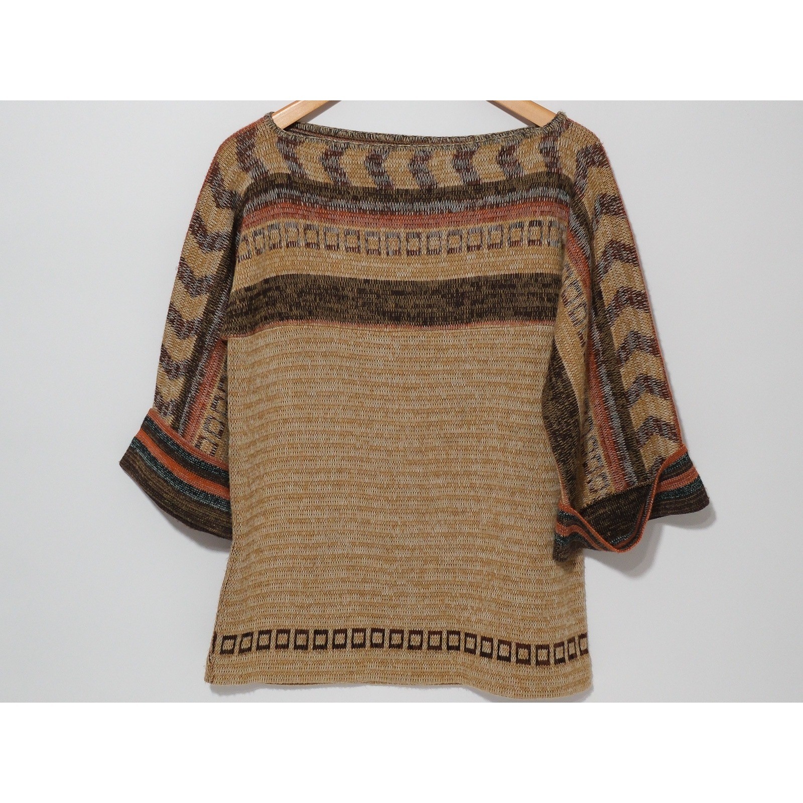 LeRoy Knitwear Sweater Womens Vintage Geometric Boat Neck M Brown USA Boho