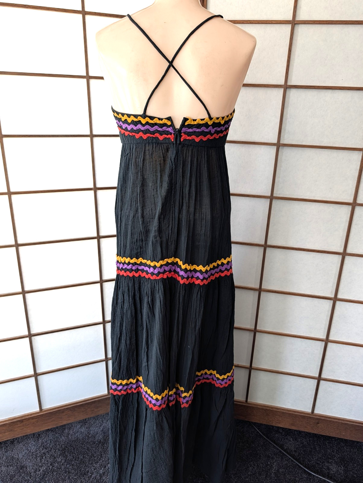 Vintage 1970s Act I New York Black Gauzy Maxi Sundress Tiered Rick-Rack Sz XXS