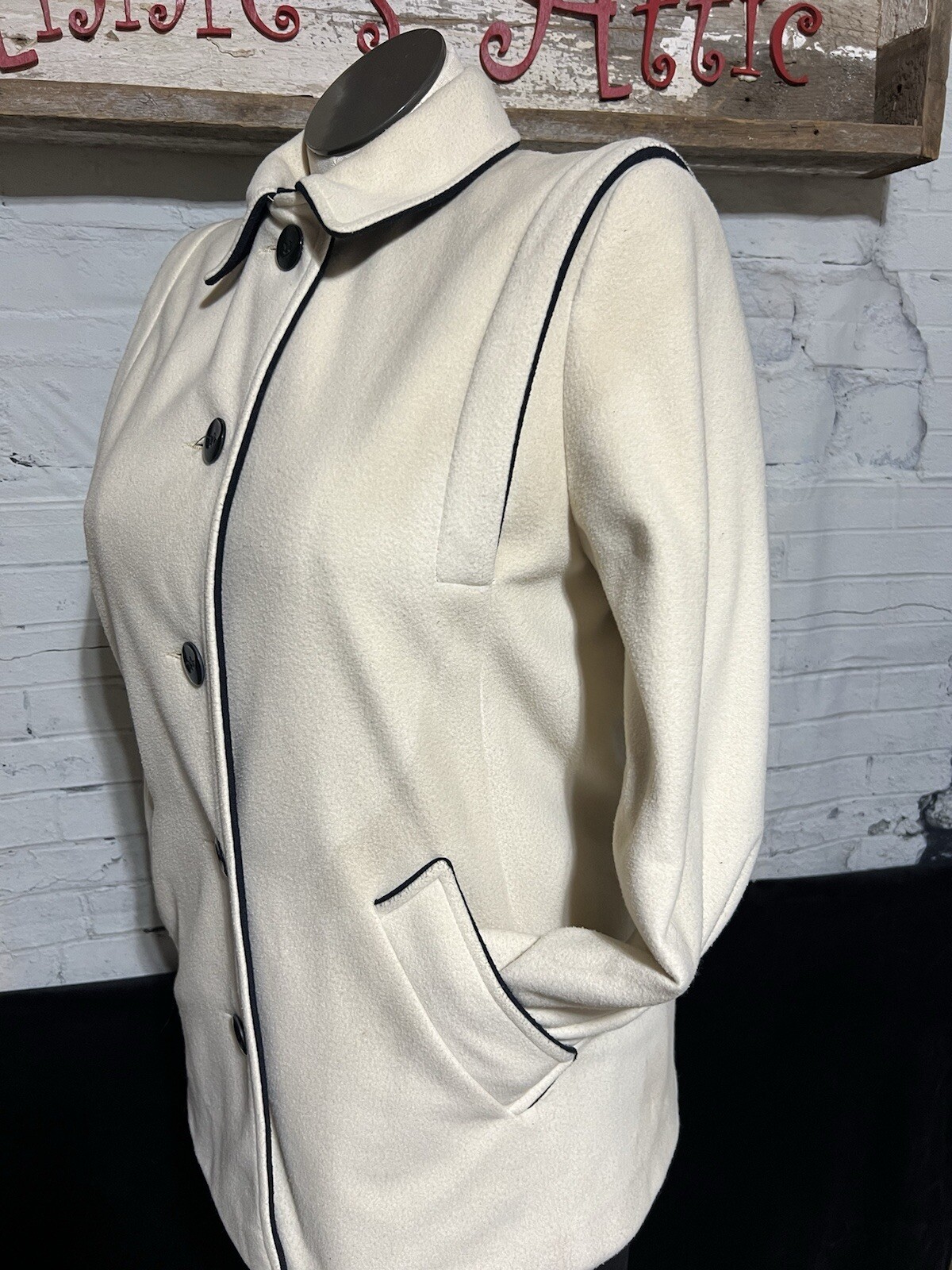 Wellington Kashmiracle Long Sleeve Coat Button Up Cream Black Womens M Jacket 8