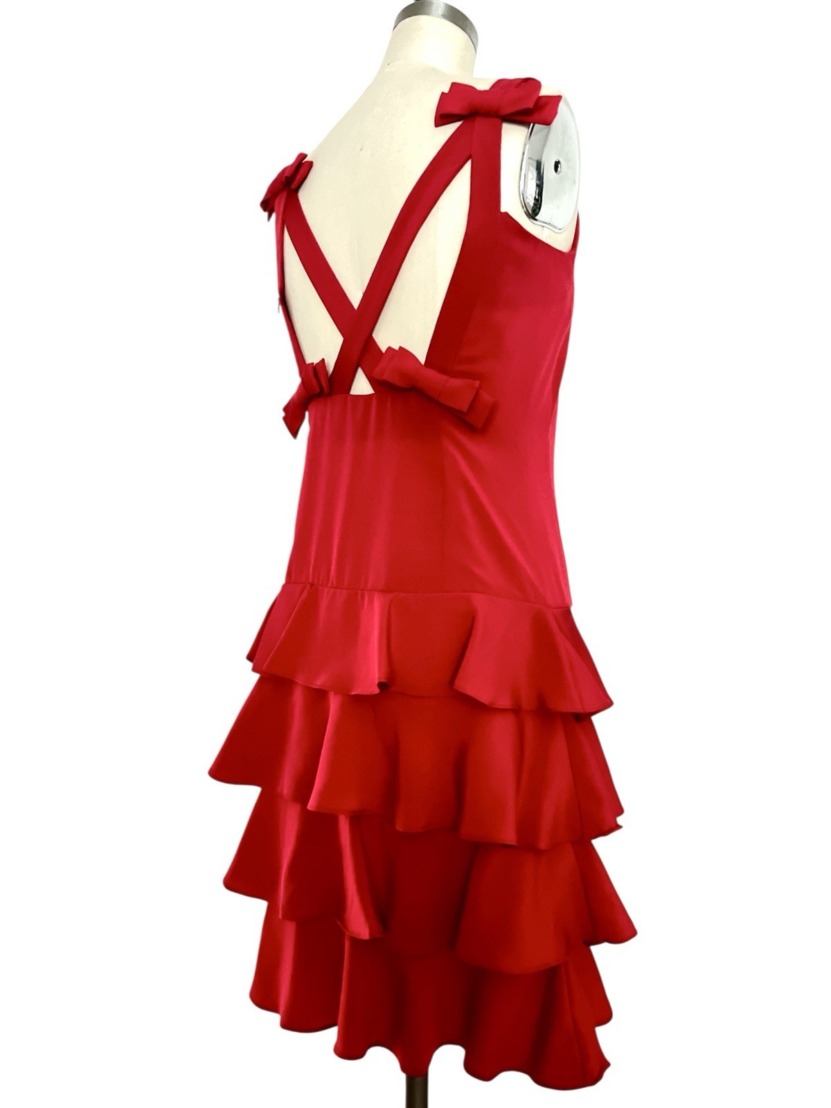 VTG Martin Ross 80s/90s Sz 4 XS/S Red Coquette Shift Dress Ruffle Bows Open Back