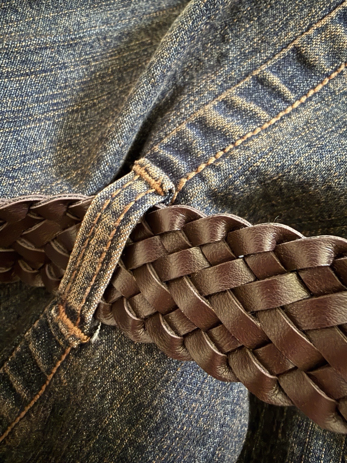 Vintage TapeMeasure Denim Jacket Belted Stretchy Blue Brown Pockets Women 10 EUC