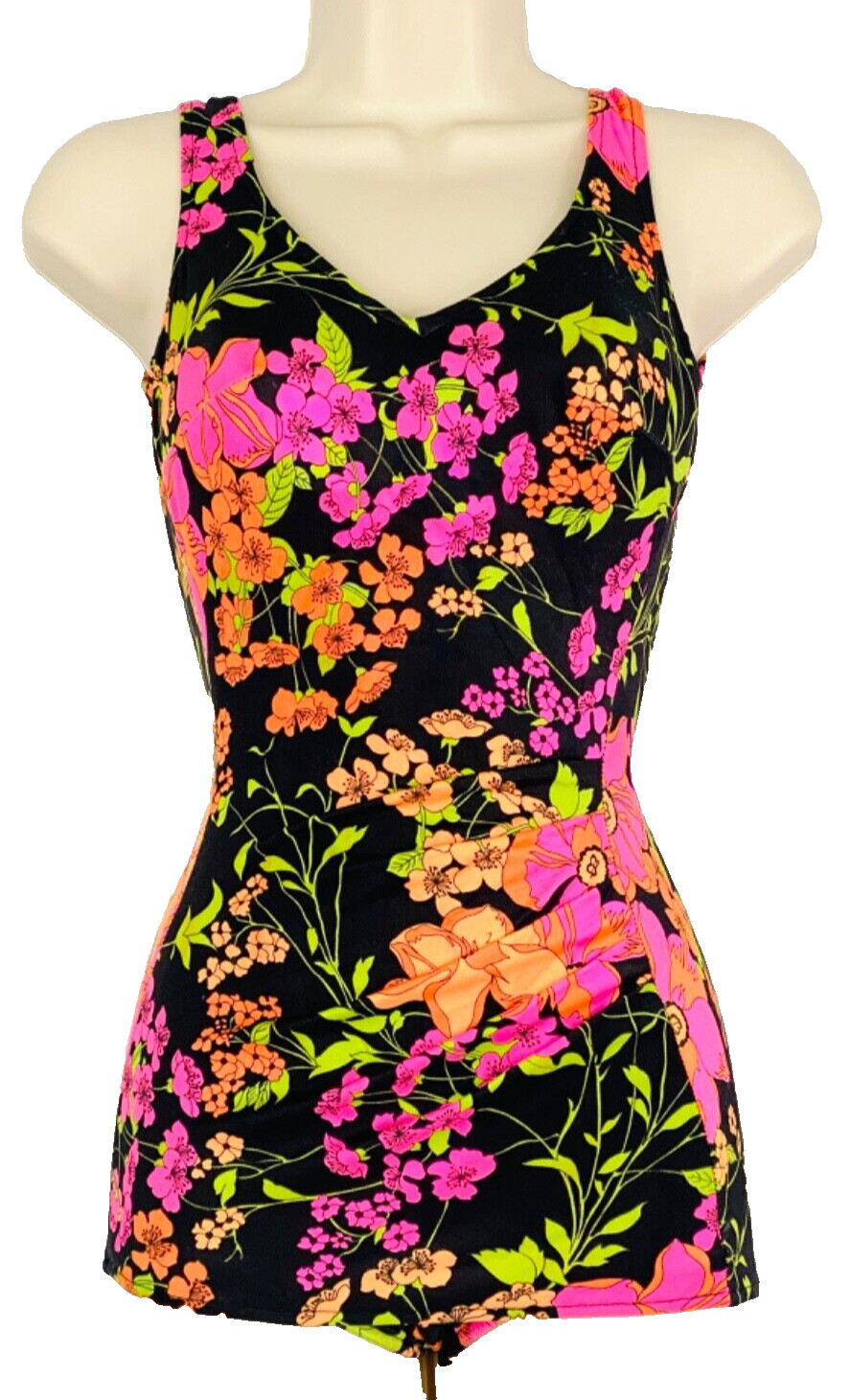 Vintage 1970s colorful floral swimsuit, pink skirted one-piece black pin up XS