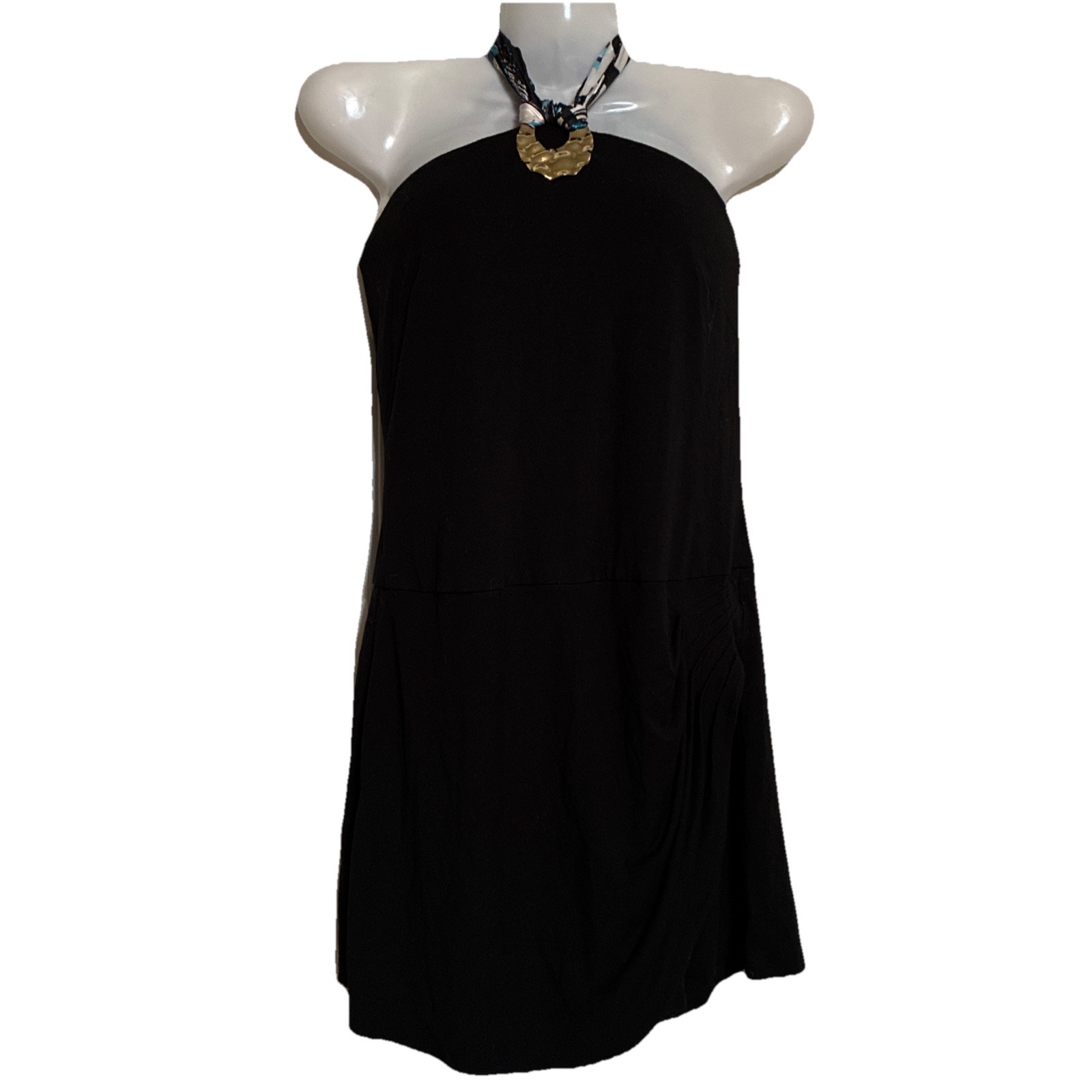 Vintage Cache Black Halter Dress Romper Y2K Blue Scarf Neckline