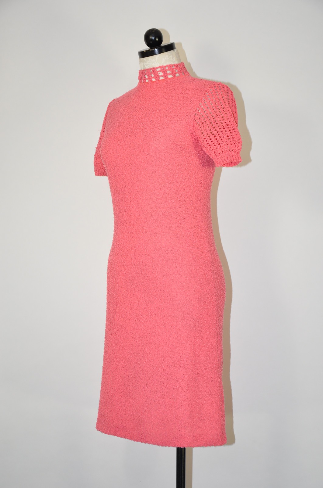 60s Vintage Salmon Pink Cotton Boucle Knit Short Sleeve Sweater Dress Women XS S