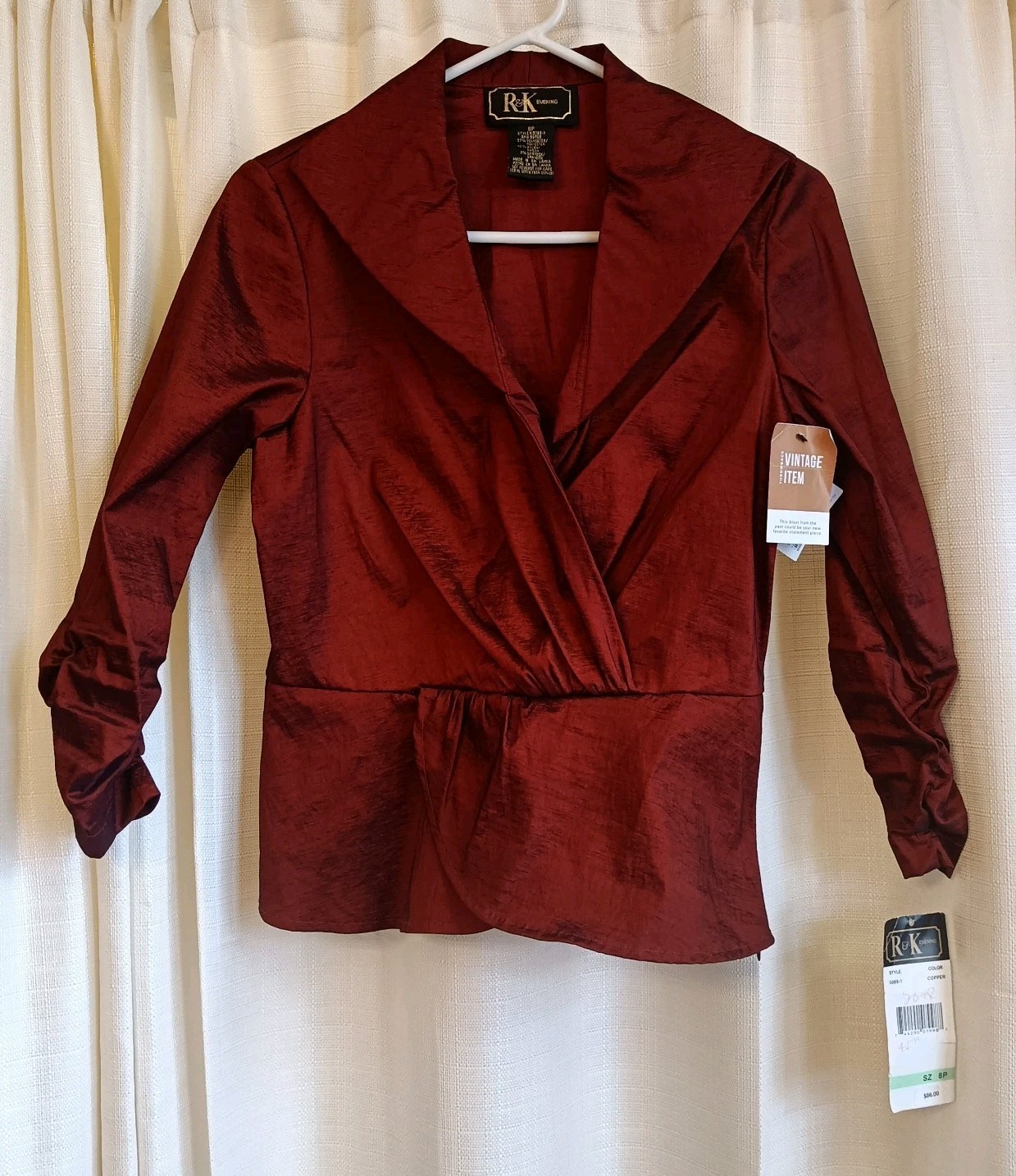 NWT R&K Evening Women’s Size 8P Copper Color Faux Wrap Polyester Top Vtg