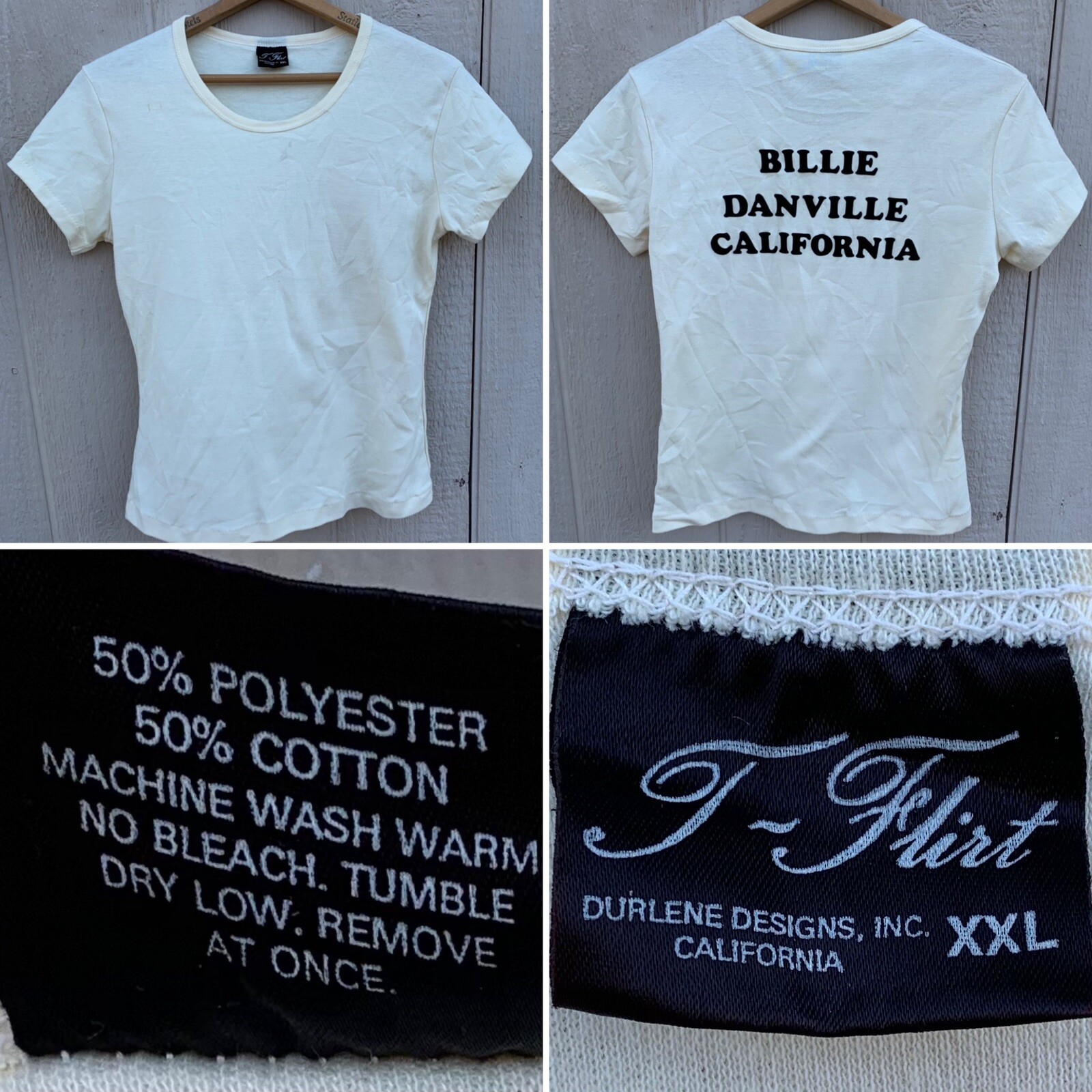 vintage Billie Danville California iron on lettering t shirt T Flirt XXL 1980s