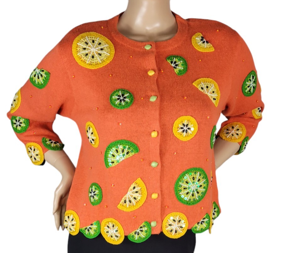 Vtg Design Options By Philip & Jane Gordon Orange Lemon & Lime Cardigan Sweater