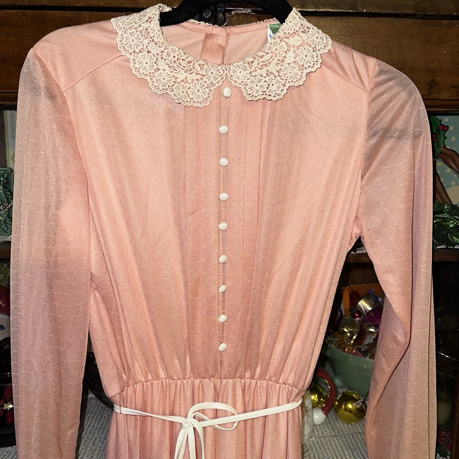 Vintage Peach Prairie Victorian Style Maxi Dress Pearl Buttons & Lace ’70’s