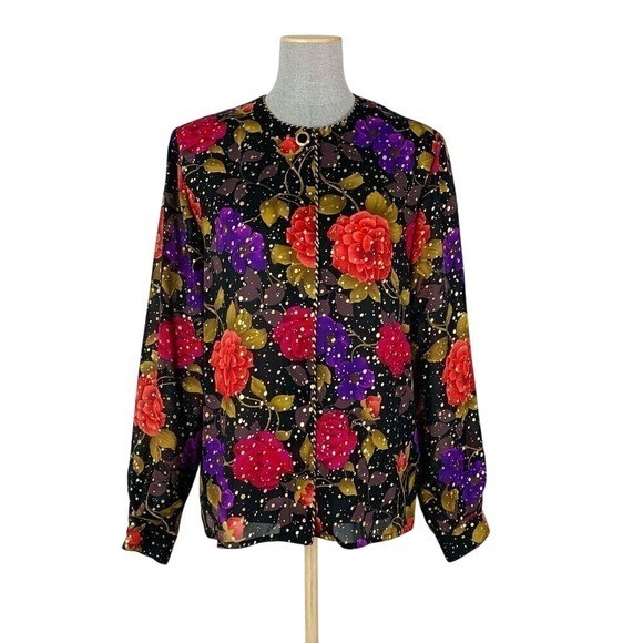 Vintage Shirt Women’s 8 Celestial Floral Metallic Gold Dot Corded Button Down