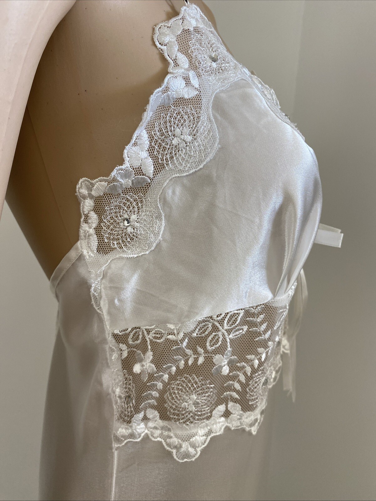Vintage Espaur XXS-XS / 6-8 Bridal Nightie Negligee Set White Satin Floral Lace
