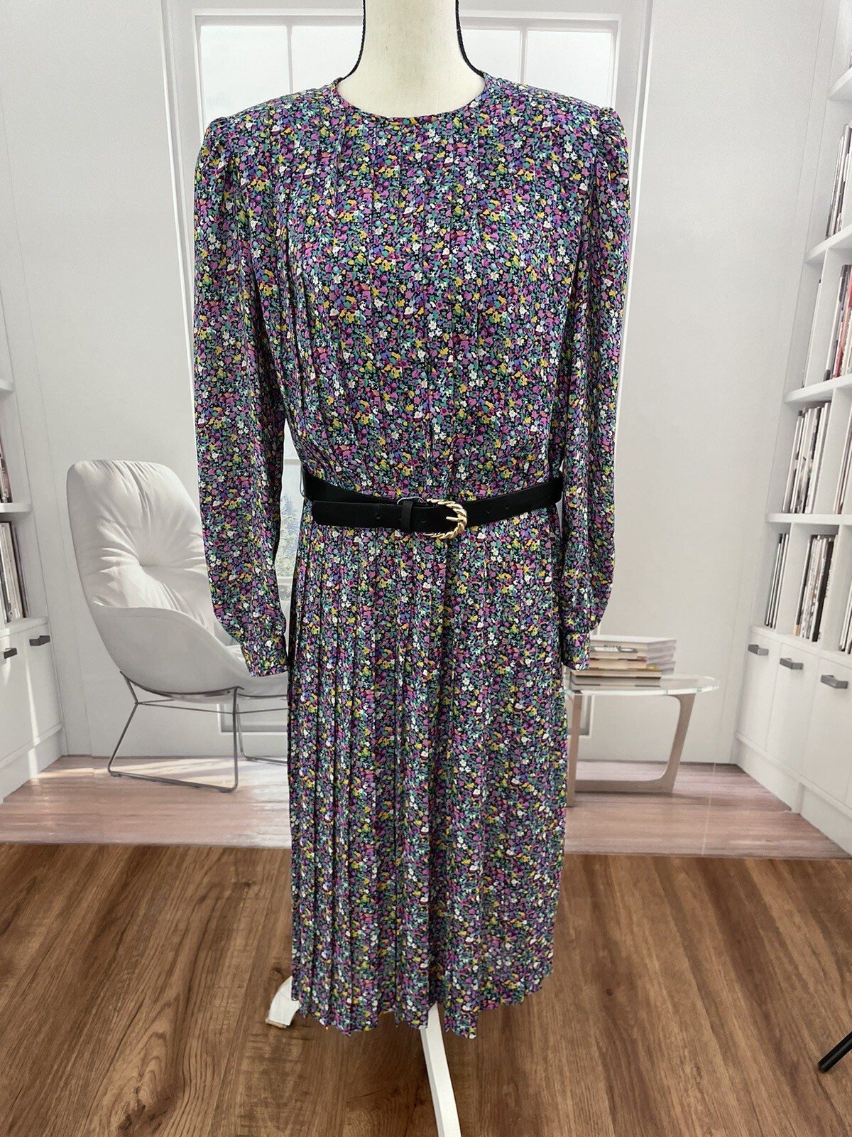 80’s Vintage Dim The Lites Multi Floral Chiffon Classy Belted Pleat Dress 12