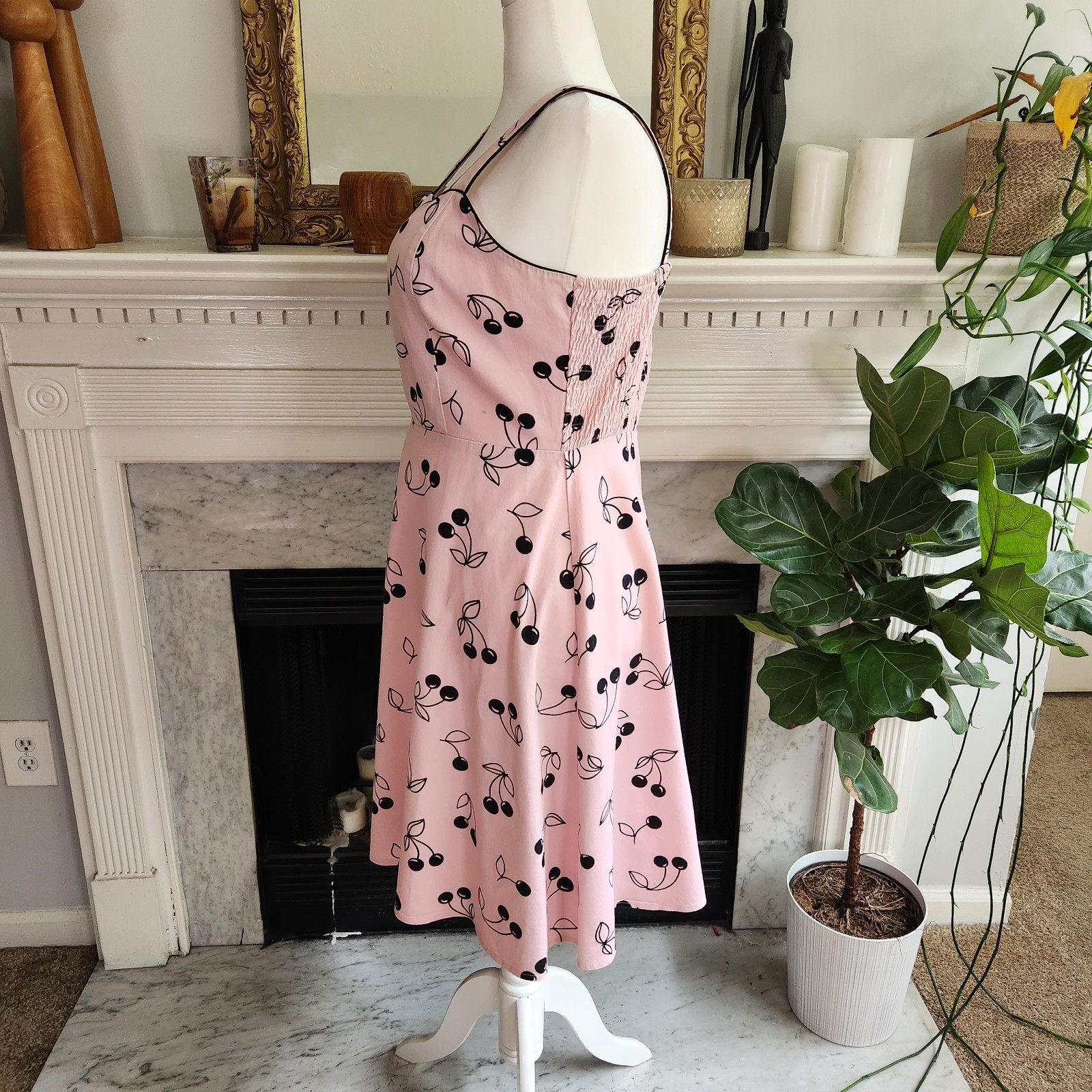 Vintage 90s Pink Cherry Print Dress Sz 12 Black Rockabilly Pinup Twee Retro
