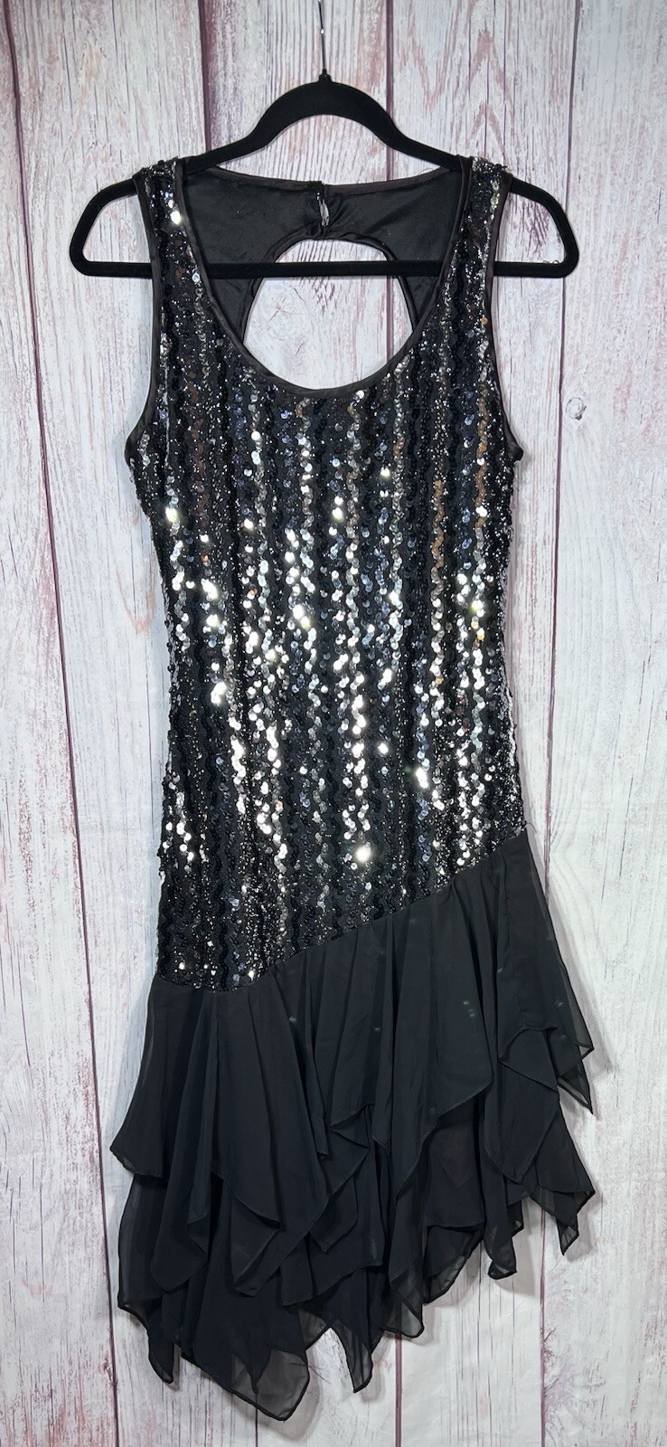 Ala Carte Vintage Cocktail Flapper Style Dress Black Sequins Asymmetrical 7/8