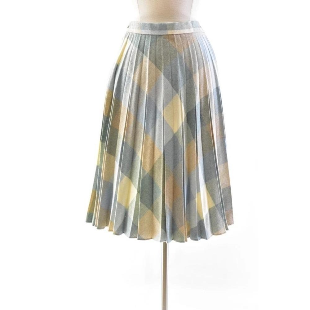 70s Vintage Wool Plaid Skirt Light Blue A Line Accordion Pleat Womens S Pastel