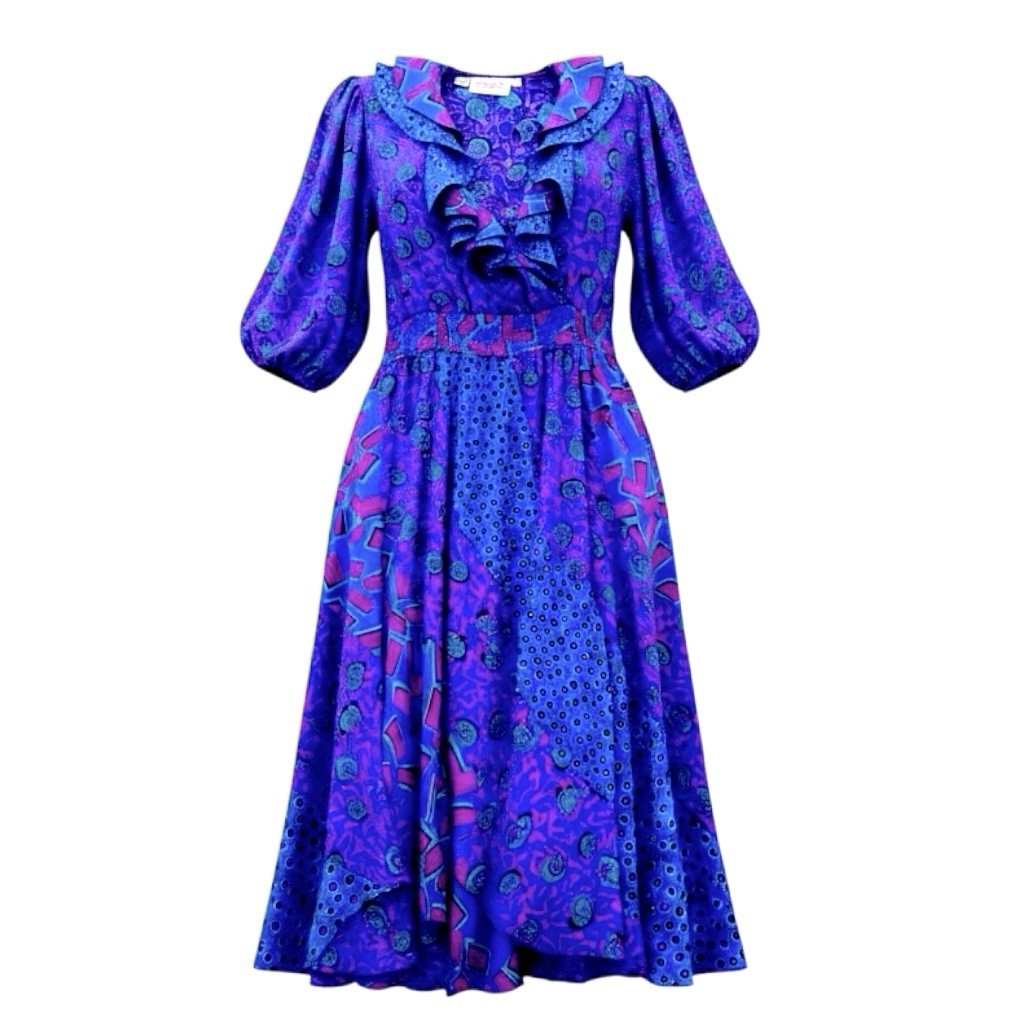 Vtg 80s Susan Freis Dress Sz S/M Magenta Purple Floral Puff Sleeve Garden Party