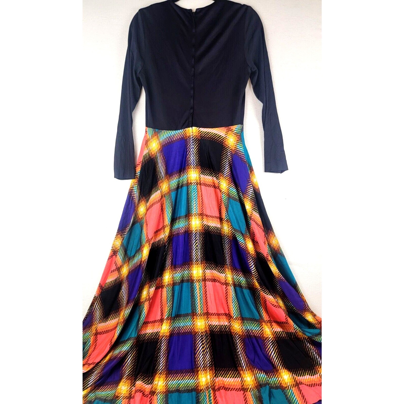 Vintage 1970s Julie Miller California Psychedelic Plaid Maxi Dress Long Sleeve