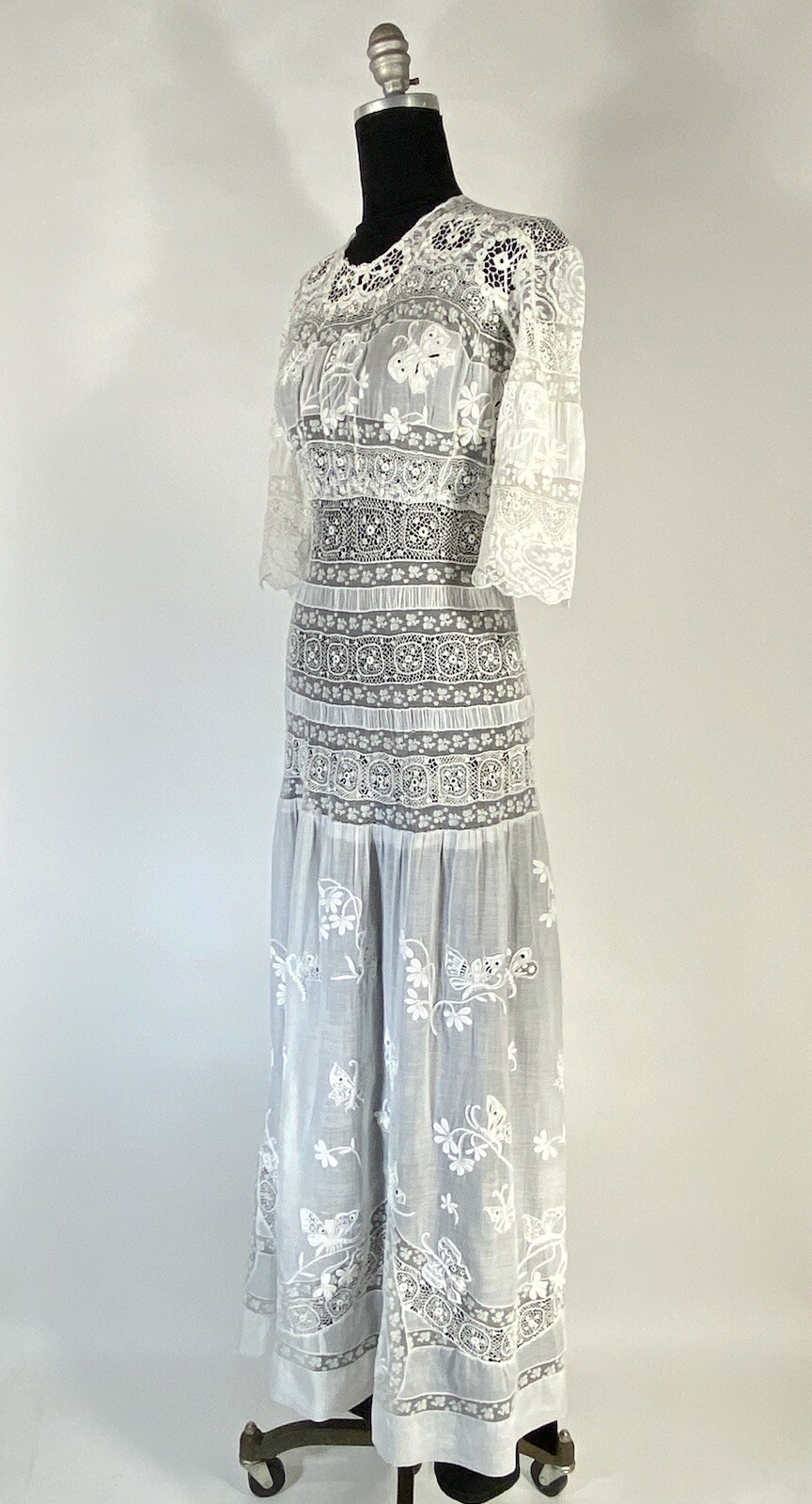 Antique late Victorian-Edwardian intricate pieced lace sheer wedding gown dress
