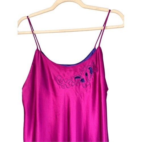 T10 Vintage Ms. B. Fuchsia Pink Purple Embroidered Slip Dress 80s 90s Large 57″