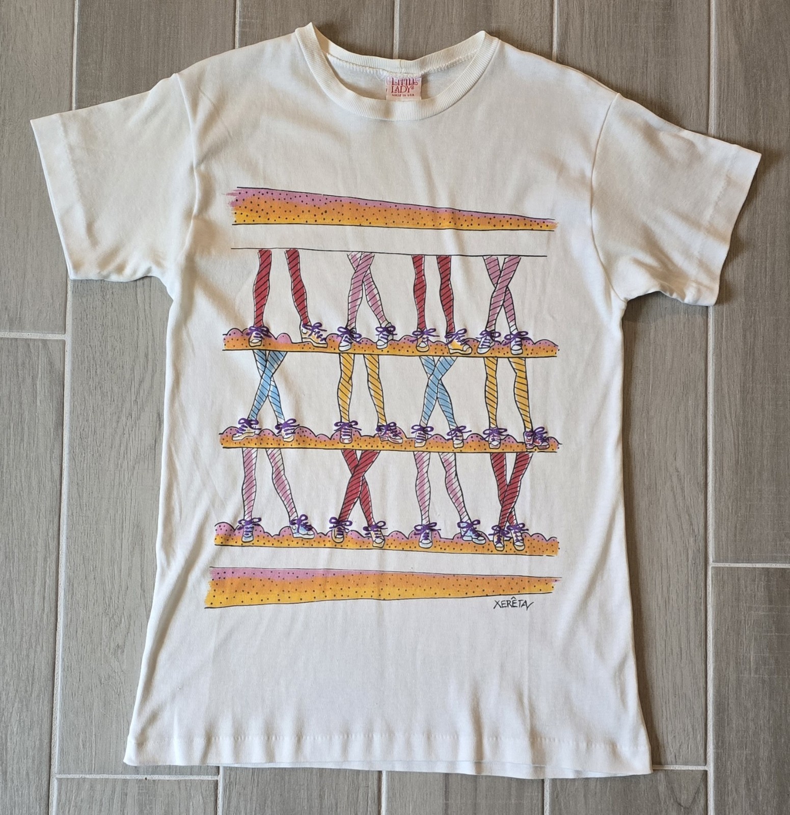 Vintage Little Lady Whimsical 90s Graphic Print Shirt Legs Sneakers Beige Funny
