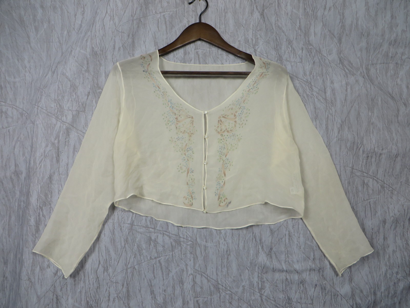 Vintage TJ Flanagan 100 Silk Hand Painted Sheer Crop Blouse Romantic Boho