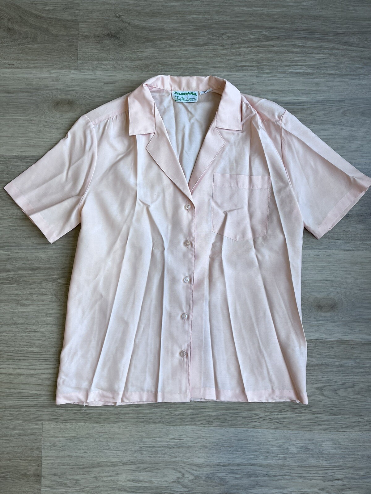 Vintage 70s Silkhana Lady Manhattan Pink Button Up Short Sleeve Blouse / Shirt P