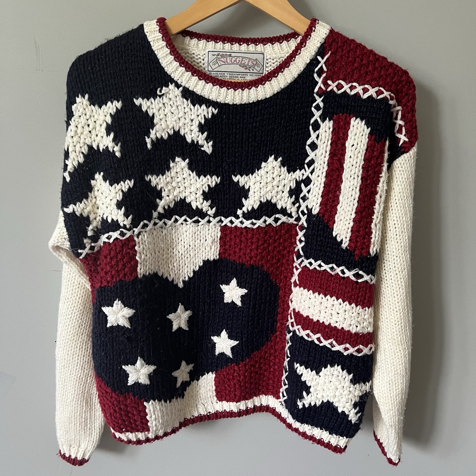 Vintage 90s Nuggets USA Flag Stars Stripes Knit Sweater Patriotic M 4th Of July