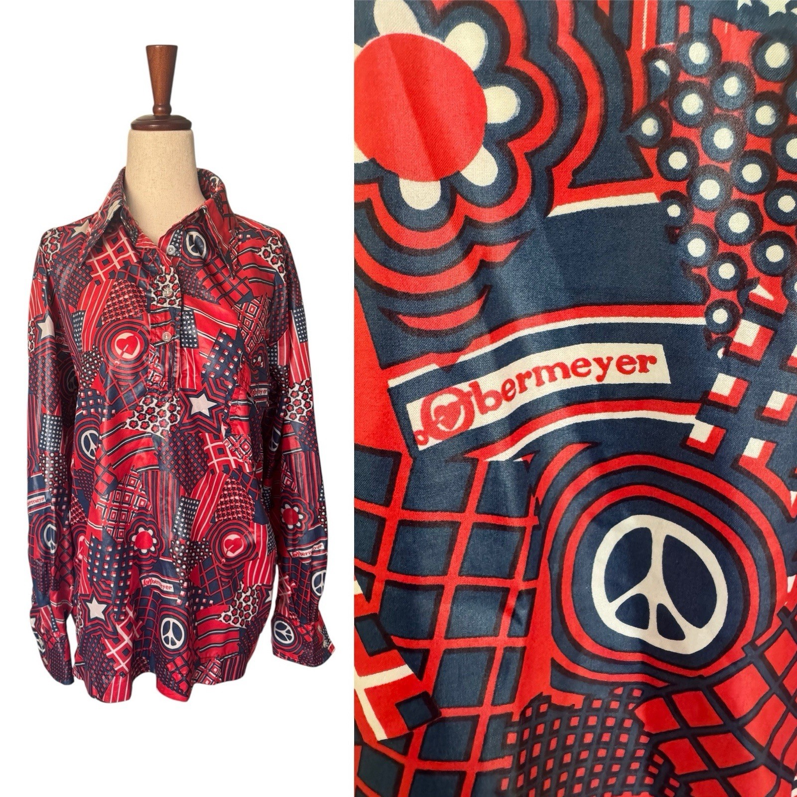 Vintage 70s Obermeyer Wind Shirt Top Red Navy Graphic Novelty Print Peace Flag