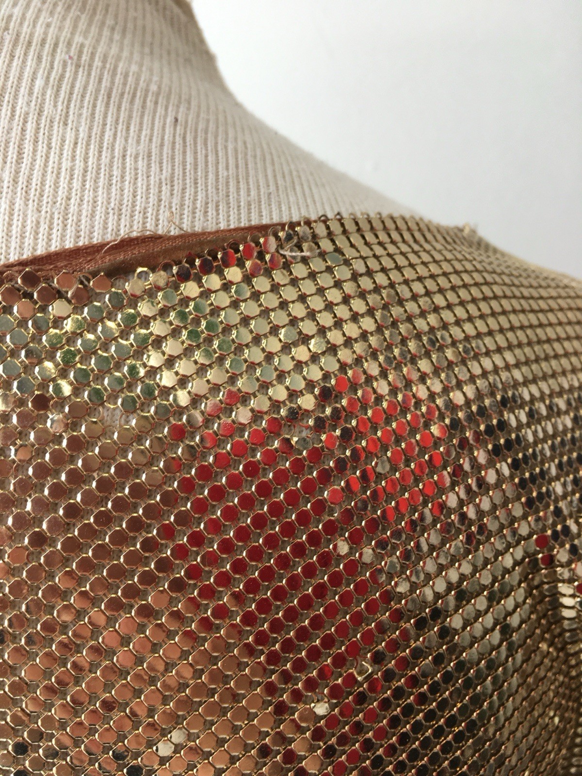 Vtg Whiting Davis Liquid Gold Metal Mesh Chain Mail Draped Front Top 70s Disco M