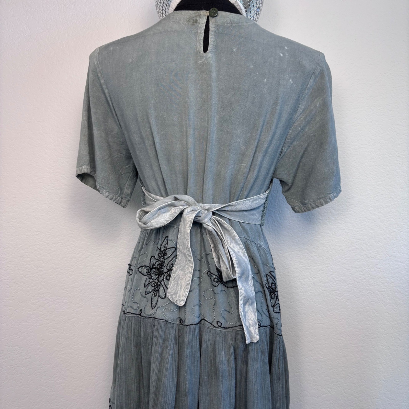 Vintage Cottage Blue Grey Embroidered Tiered Midi Dress, Medium Boho Ren Faire