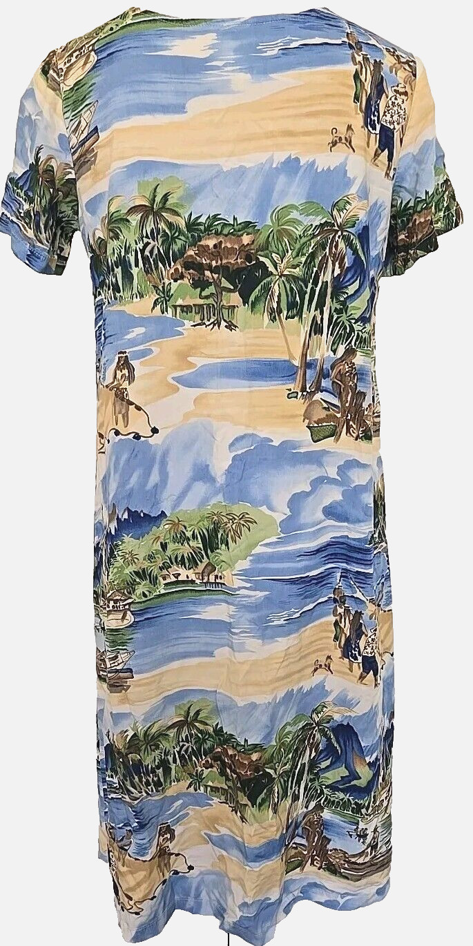 VTG Kamehameha Hawaiian Rayon Short Sleeve Midi Dress Palm tree Village Ocean S