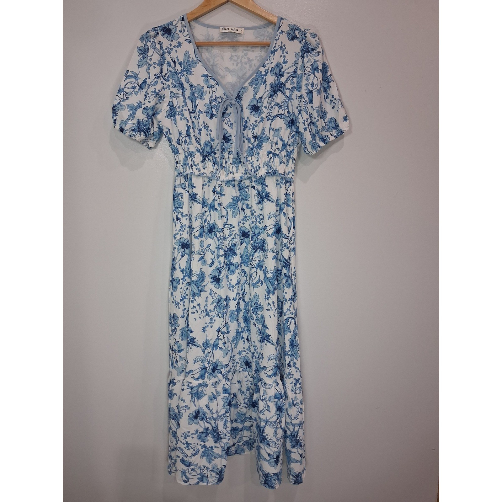 Grace Karin Blue White Floral Toile Smocked Maxi Dress V-Neck Puff Sleeve Small
