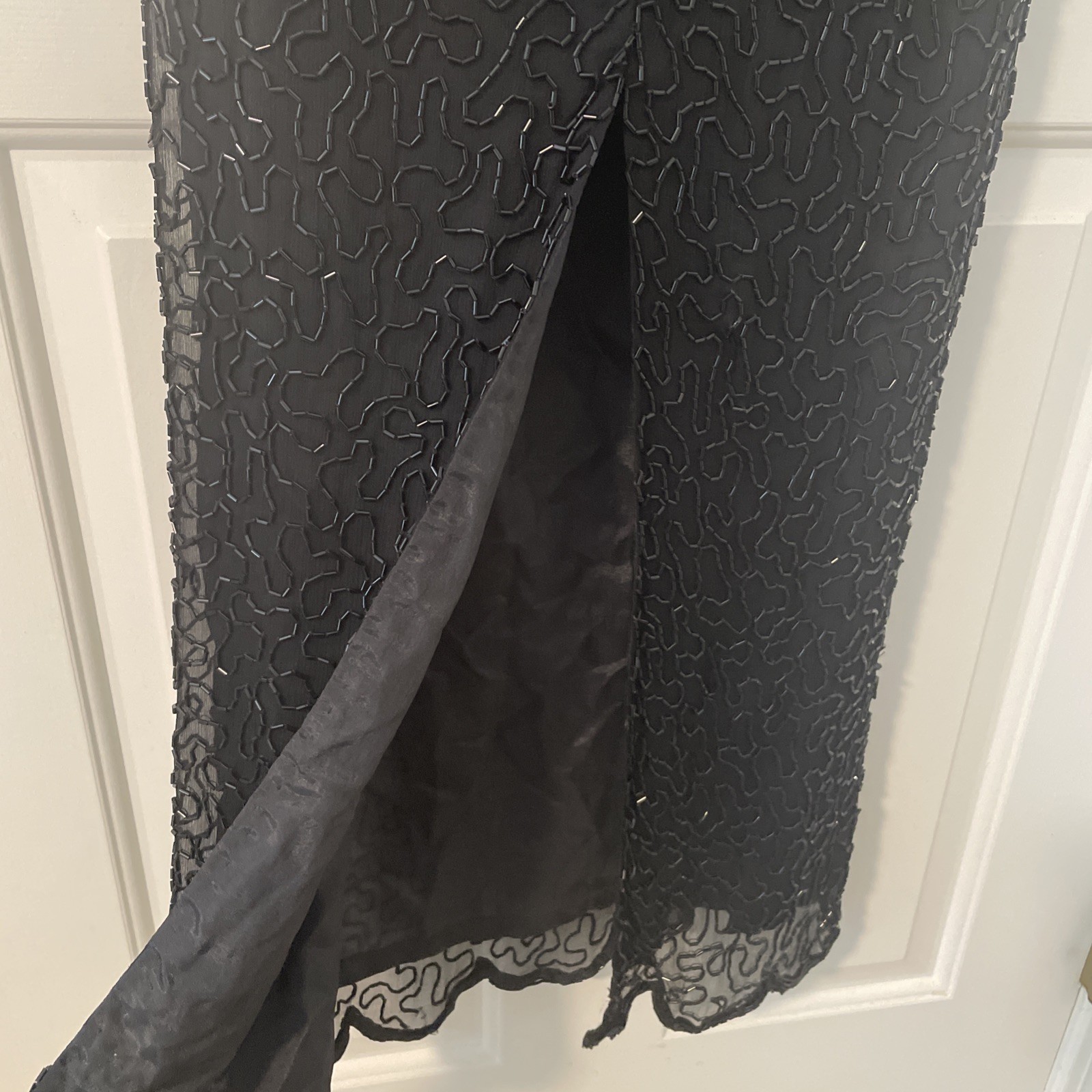 Vtg SWEELO Black 100% Silk Sequin Beaded Slim Fit Long Evening Party Dress Sz S