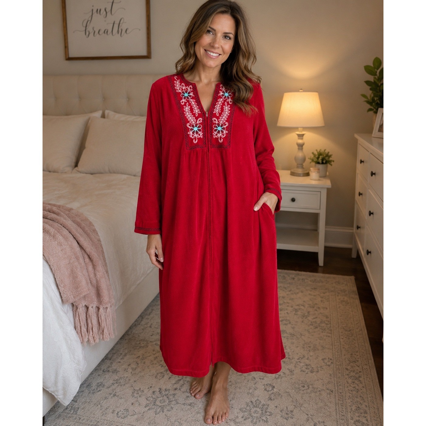 Vintage Sears At Home Wear Womens Size Medium Red Embroidered Robe House Dress