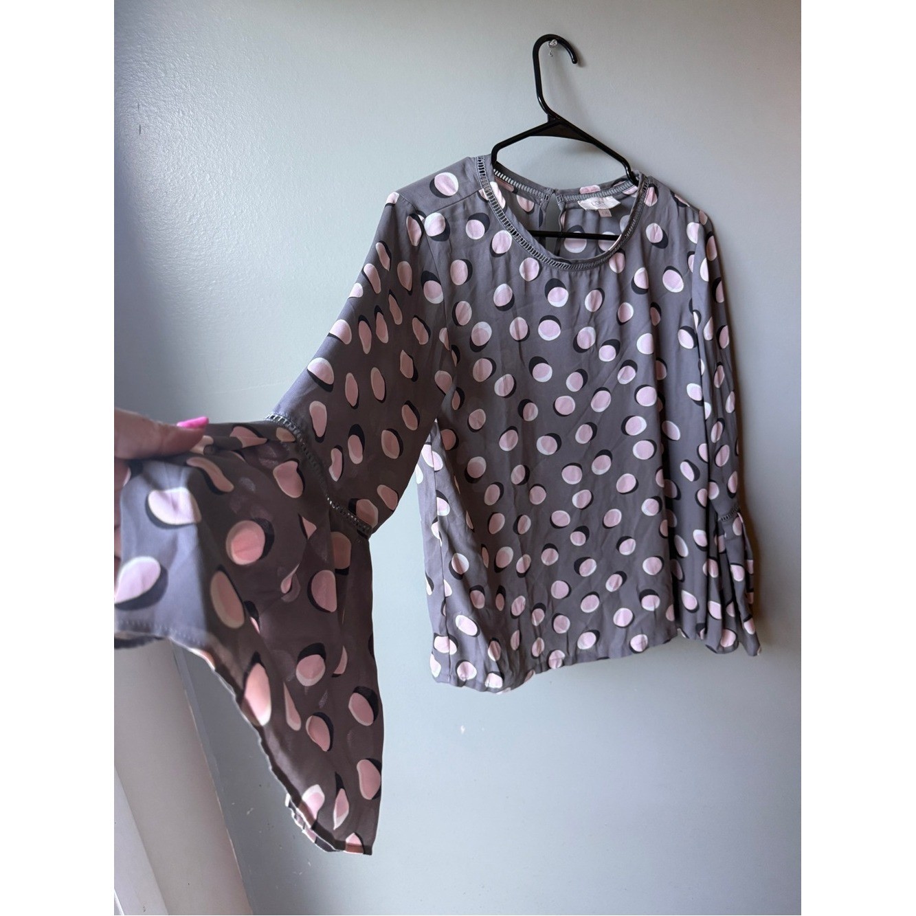 Gray Pink Polka Dot Bell Sleeve Blouse Boho Women’s XS