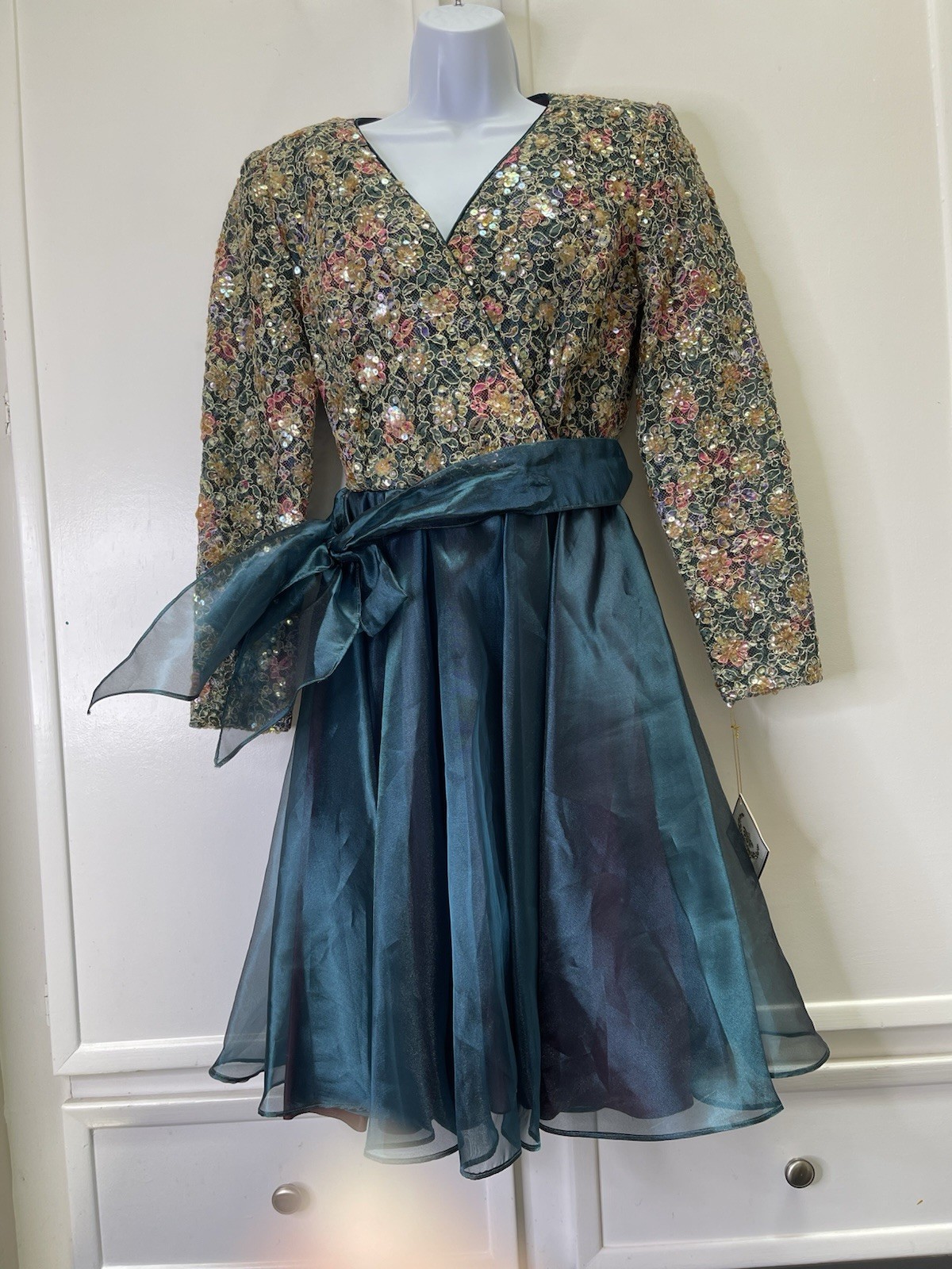 Vintage 1980 Jonathan Tait Metallic Organza Fit Flare Dress Sz 10 Teal USA NOS