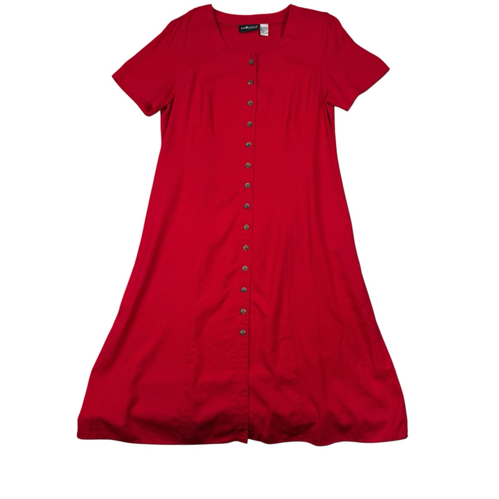 VTG Y2K Sag Harbor Woman Linen Rayon Midi Dress Red Button Front 16W Lagenlook
