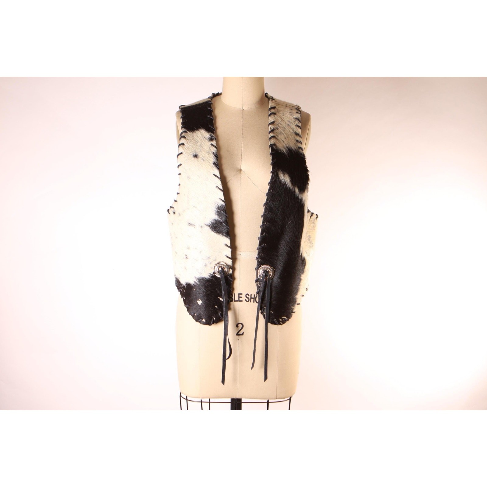 1970s Black White Cowhide Leather Hair Cow Print Open Front Western Cowgirl Vest