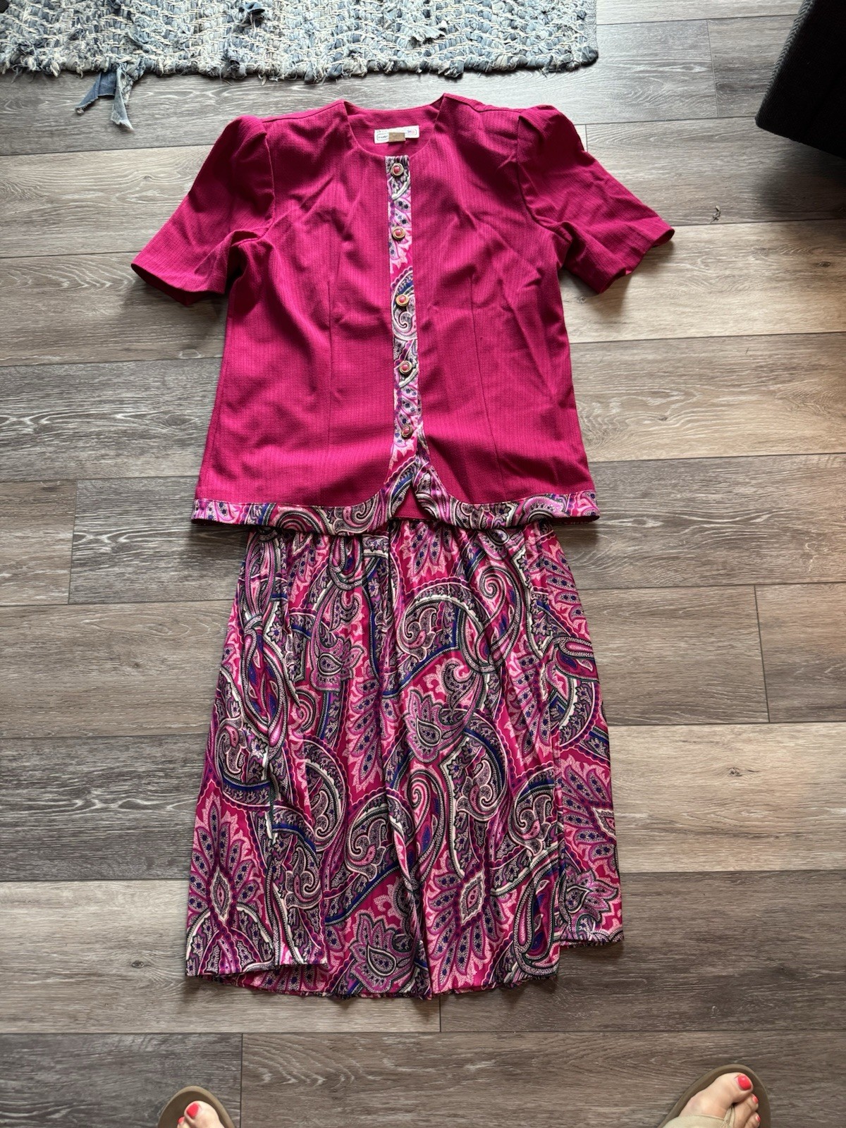 Vintage Pablo Collection 2 Piece Skirt Suit Set Pink Paisley Size 16 USA