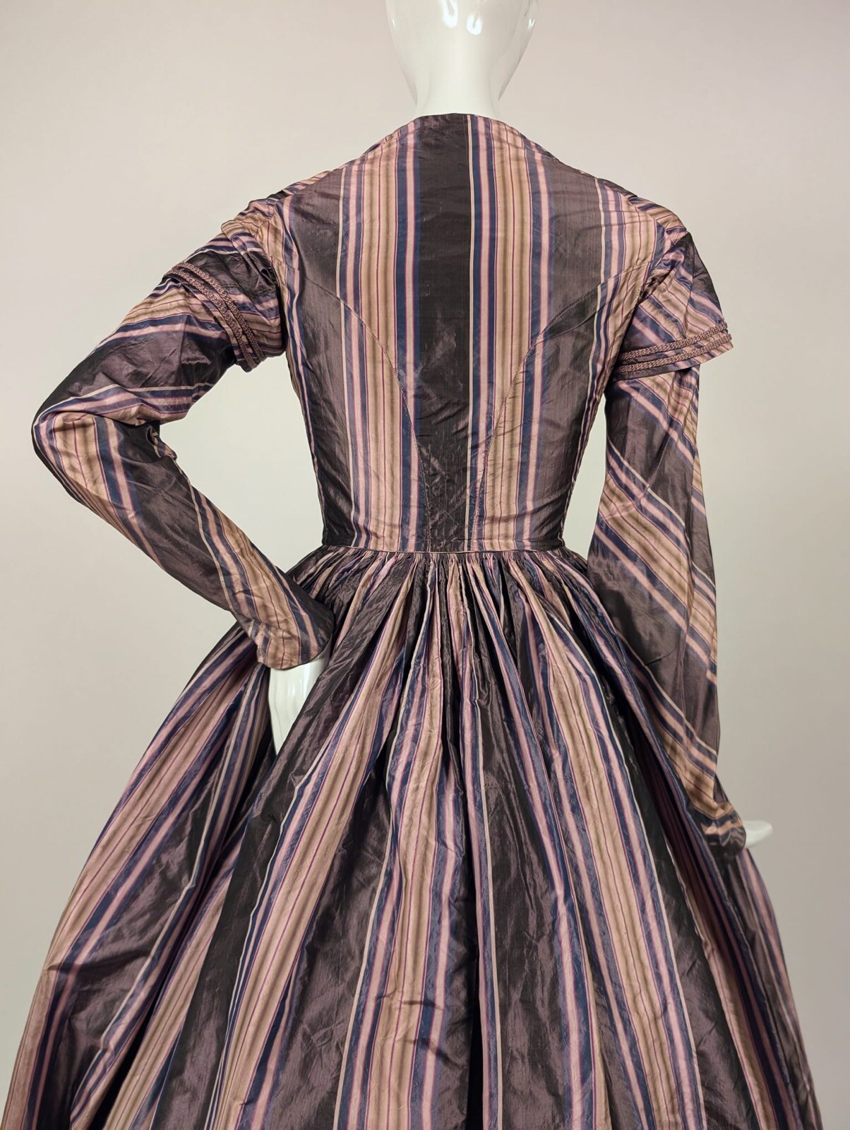 VIBRANT STRIPED HAND SEWN 1840’S SILK TAFFETA DRESS W EPAULETS
