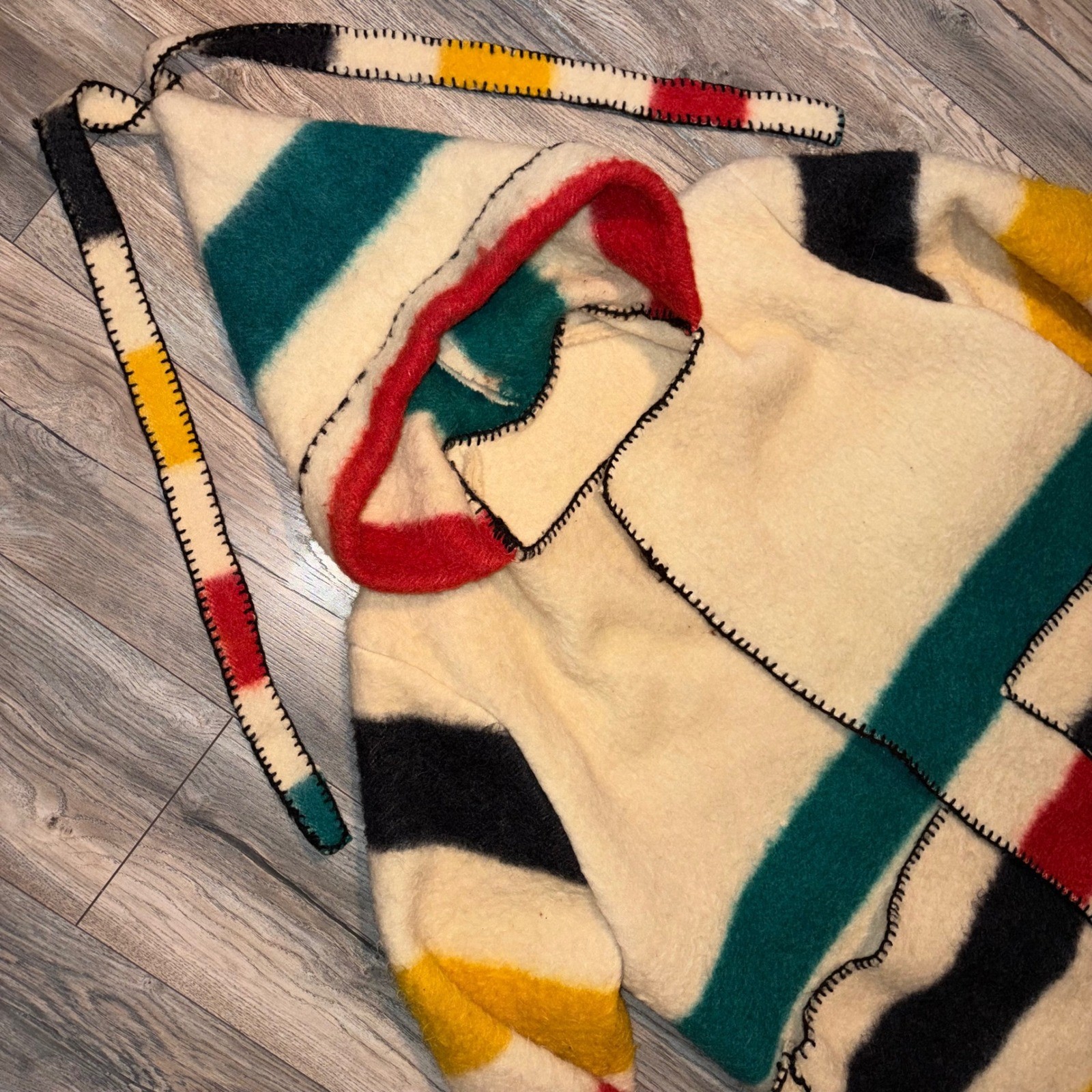 Vintage Handmade Hudson Bay Style Wool Blanket Coat Multi Stripe Hooded Belted