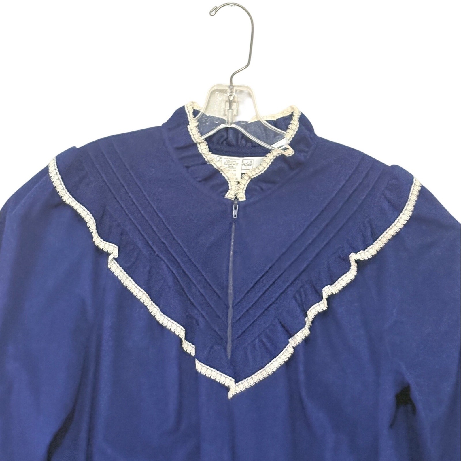 Famous Bodies Vintage Navy Blue Lace Trim Fleece Robe Nightgown L/XL 16-18 USA