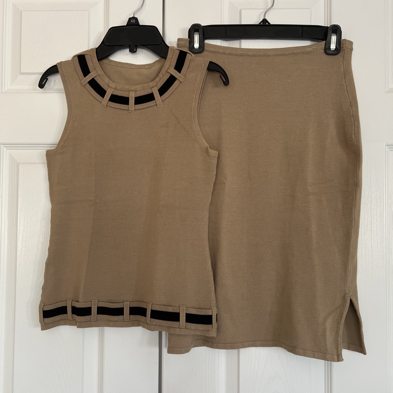 Vintage Etincelle Couture Tan Sleeveless Top & Midi Skirt Set W/Black Accent XS