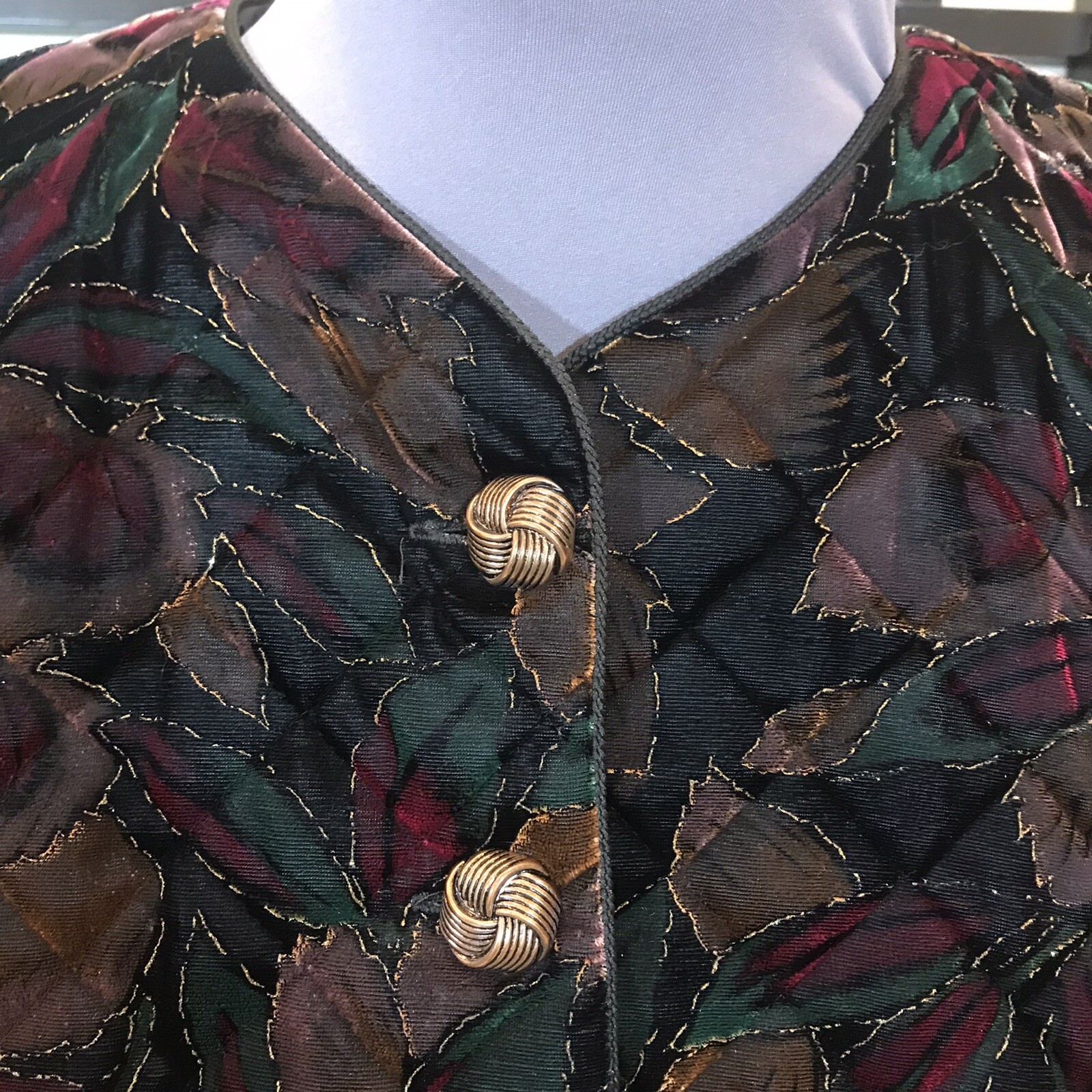1990s Greg Adams Quilted Jacket Blazer Dark Floral Gold Velvet USA Made Size L