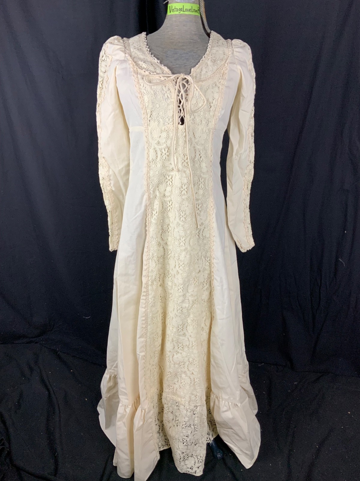 GUNNE SAX BY JESSICA Vtg 60s Ivory Lace Prairie BLACK LABEL Dress-Bust 33/2XS
