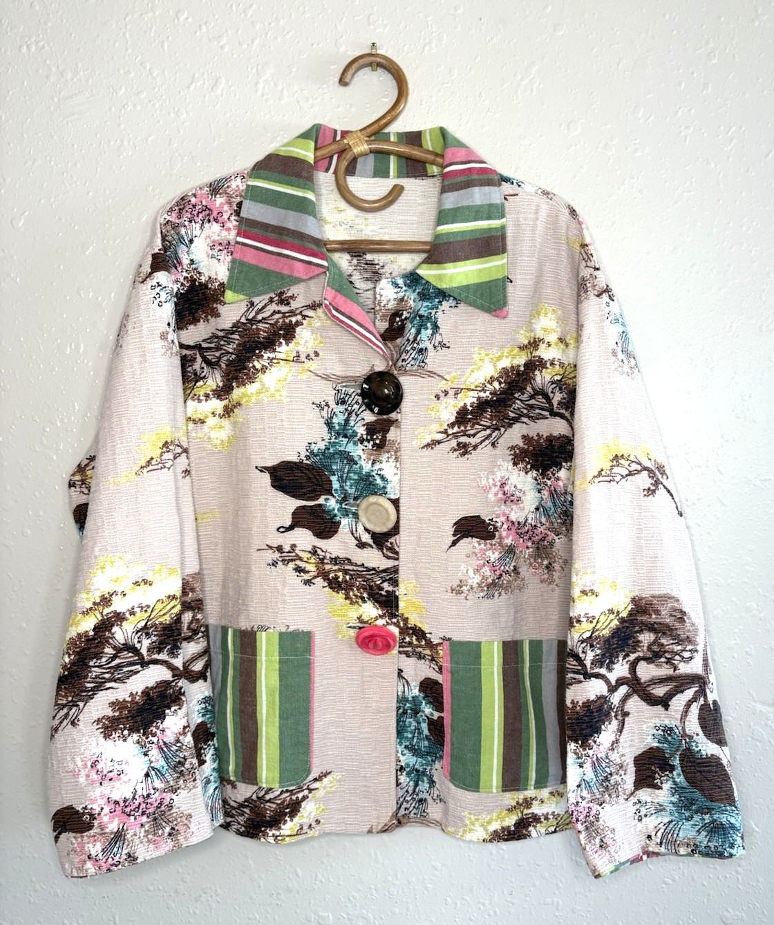 Vintage Mod 60s 70s Barkcloth Patio Chore Jacket Tropical Colorful Women’s XL 1X