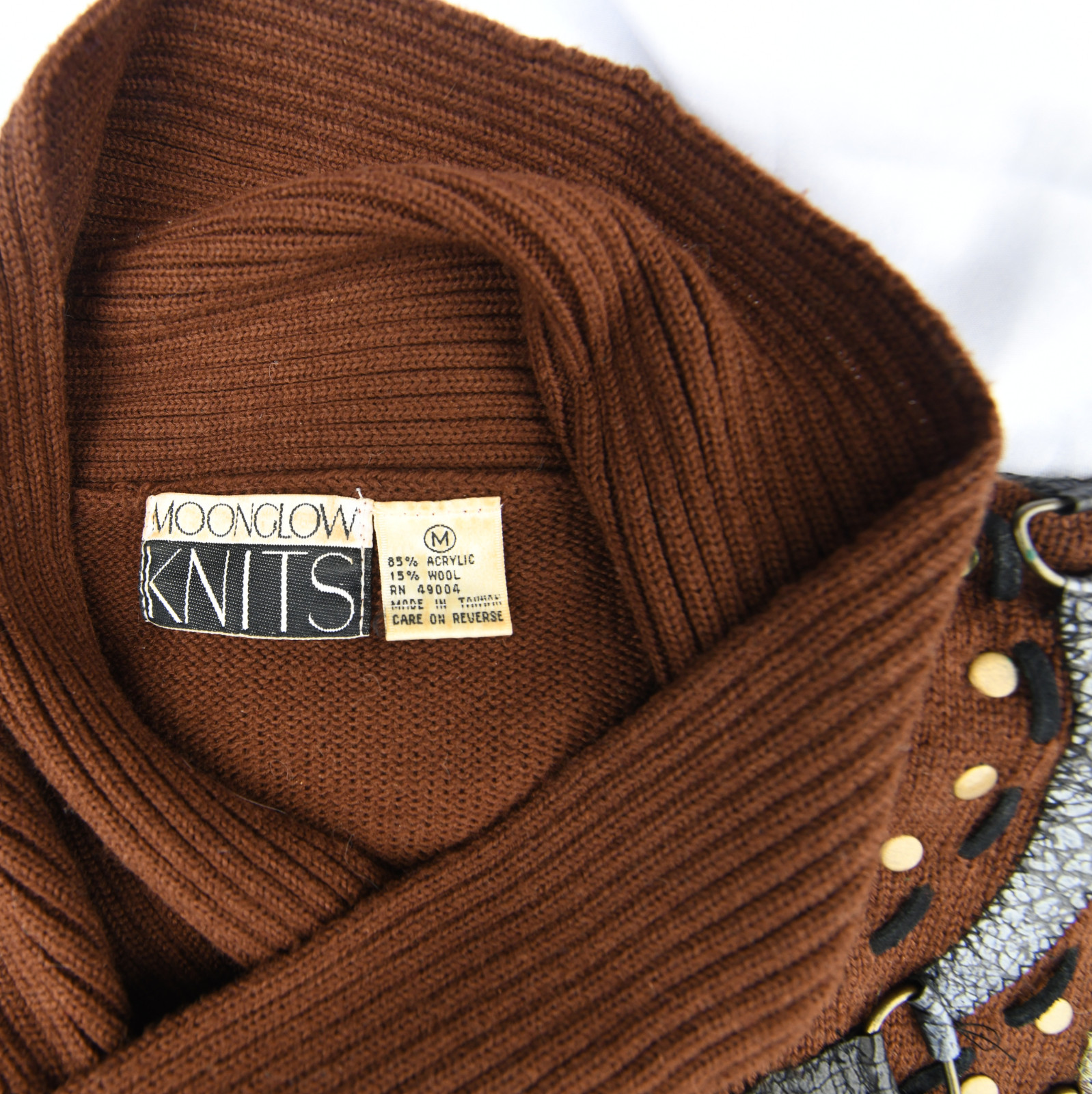Vintage 80s Moonglow Knits Sweater Skirt Set M Brown Embellished Studs Wool Blen