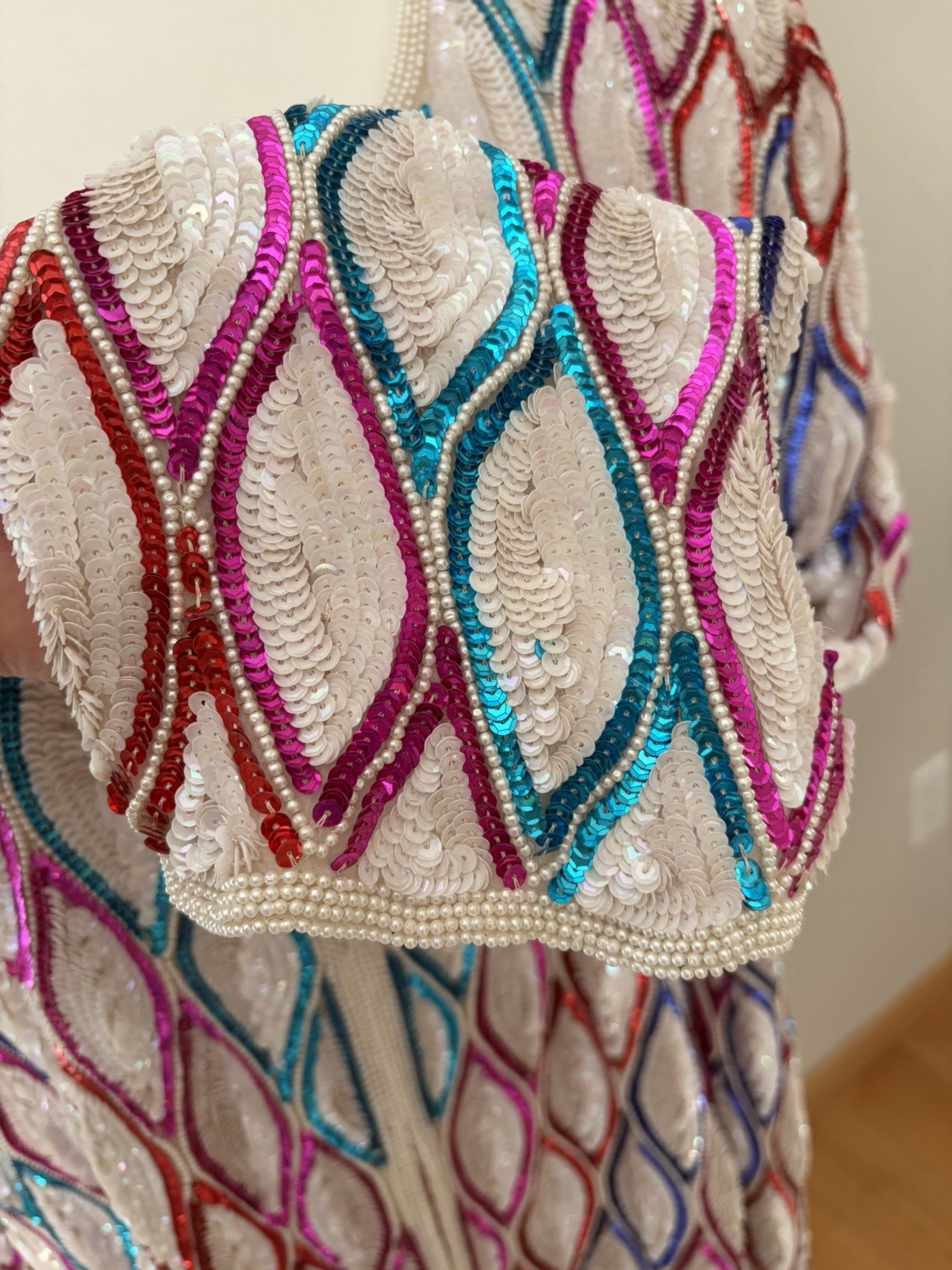 VTG 80s Sequin Beaded Geometric Silk Jacket Disco Glam Performance