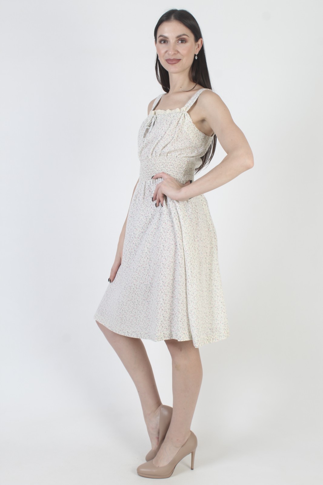 Vtg Off Wht Calico Floral Dress Smocked Boho Peasant Knee Length 70s Sundress